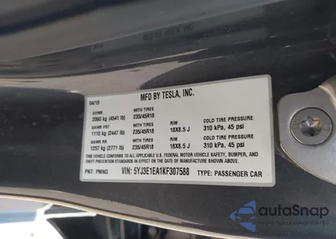 2019 Tesla Model 3 Long Range/Mid Range/Standard Range/Standard Range Plus из США, поврежденный, VIN 5YJ3E1EA1KF307588